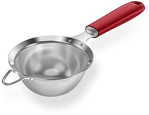 18/8 Stainless Steel Mesh Strainer: U-Taste 3.9 Inch Kitchen Fine Mesh Sieve Food Colander with Riveted Sturdy Silicone Handle and 30 Mesh Hole for Straining Flour, Quinoa, Tea, Juice (Red)