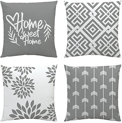 NIULAA Set of 4 Cushion Covers 45 x 45 Velvet Grey White Cushion Cover 18x18 Modern Square Geometric Cushions Quotes Home Decor Pillow Cases for Sofa Bed Outdoor Garden