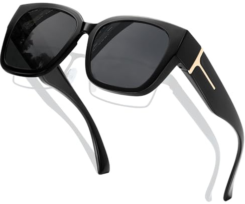 KANASTAL Black Over Glasses Sunglasses Mens Fit Over Womens Large Spectacles Polarised Ladies Driving Road Trips Fishing Running UV400 Protection - Glossy Black