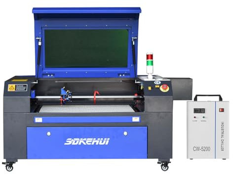 80W CO2 Laser Graviermaschine Lasergravurmaschine,Laser Cutting Engraver Graveur,Autofokus,Wabenplatten,Ruida controller Laser Engraving Maschine 700mmx500mm & CW-5200 Industrieller Wasserkühler