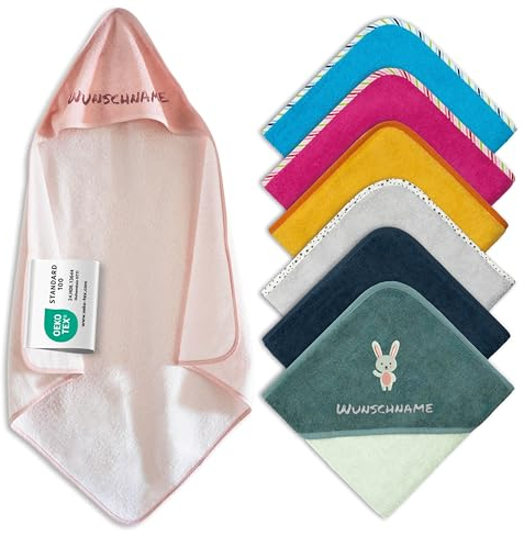 Oeko-TEX Standard 100, asciugamano personalizzato per neonati con cappuccio, in puro cotone con nome e motivo ricamati (rosa, 80 x 80 cm)