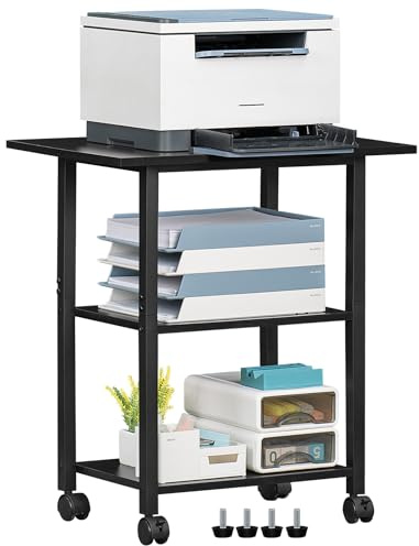 Lerliuo 3-Tier Printer Stand, Industrial Mobile Printer Table with Storage Shelf and Steel Frame, Rolling Printer Cart Holder with Lockable Wheels for Home, Office (Black)
