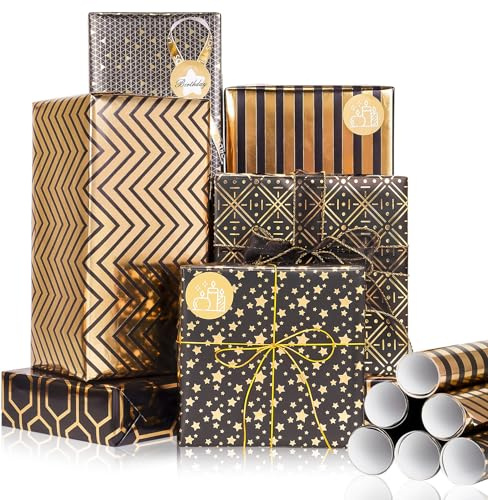 Larcenciel Geschenkpapier Rolle, Schwarz Gold Geschenkpapier Geburtstag mit Aufkleber, Metallic Sternen Verpackungsmaterial Edel Geschenkverpackung für Hochzeit, Party, Weihnachten, (6 Blatt 100x43cm)