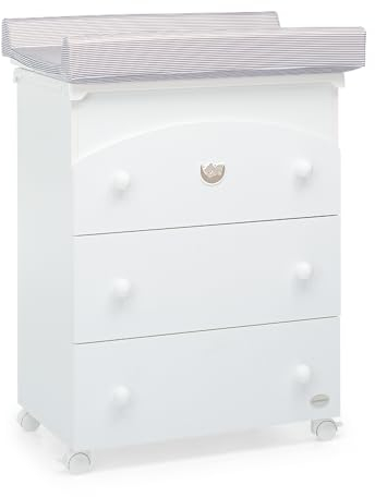 Foppapedretti Bagnetto Fasciatoio Mybear, Made in Italy, Legno di faggio, 3 cassetti, Vaschetta anatomica estraibile, 4 ruote 2 con freno, 94x78x56 cm, Bianco