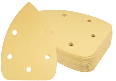 Kozelo 24 Feuilles Papier Verre pour Ponceuse Souris 240 Grains 3,9 x 5,5 | Oxyde d'Aluminium, Plaquettes Ponçage Triangulaires Boucle Tricots Assorties pour le Polissage du Bois 5 Trous