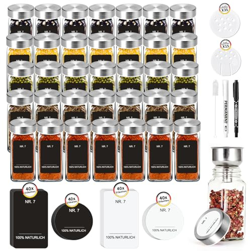 SIAZIH Set 35 Barattoli per Spezie Quadrati 120ml, Coperchio in Acciaio Inox con Doppio Setaccio, Etichette Tedesche Laterali e Coperchio, Ermetici