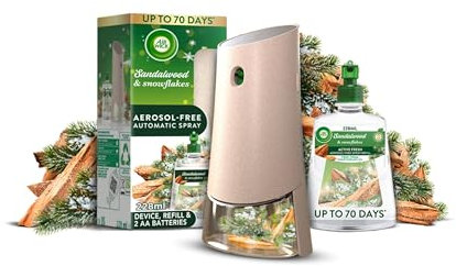 Air Wick Aerosol-Free Automatic Air Freshener Spray Kit, Frosted Sandalwood & Snowflakes, 1 Gadget, 1 Refill and 2 AA Batteries, 24 x 7 Active Fresh Odour Neutraliser, Lasts Up to 70 Day
