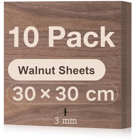 ROBOTIME Plywoodskiva 3 mm, 10 stycken valnöt, träplatta snitt enligt mått, multiplex platta, trä, laser, limträplatta, lasersnitt, CNC-router, genombruten 30 cm x 30 cm