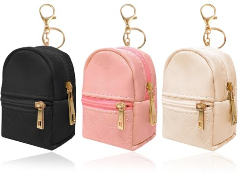 NATOU 3-teiliger Mini-Rucksack mit Schlüsselanhänger, süße Kosmetiktasche aus PU-Leder, kleine Tasche mit Reißverschluss, Mini-Tasche für Münzen, Lippenstift, Schlüssel, Airpods