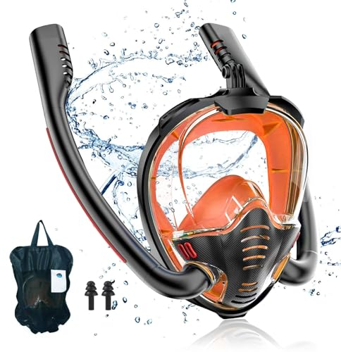 dellyy Schnorchelmaske für Erwachsene und Kinder, Tauchmaske, Vollmaske mit Schnorchel, CO2 Sicher, Schnorchelset Erwachsene, für Offenes Wasser (Orange（L/XL)