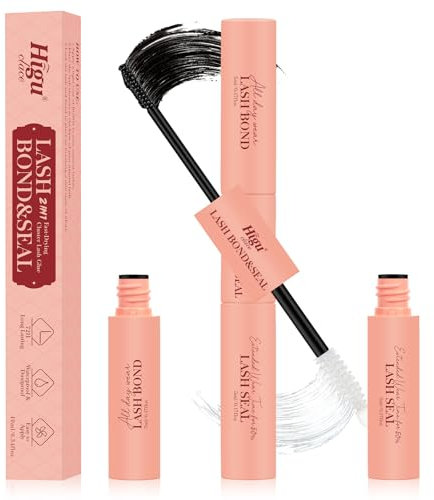 HIGU Wimpern extensions kleber Wasserdicht und Schnell trocknend, 2-in-1 Lash glue und -Versiegelung 72 Stunden langlebig, Klarer Wimpern kleber für Wimpern Extensions (Bond &Seal, 5+5ML)