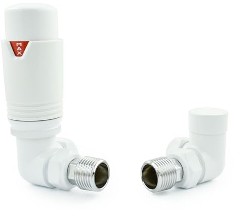 Hot Flow All-White Estuary Corner TRV Thermostatic Radiator Valve (Pair) Includes Corner TRV Body, Wheel Head & Lock Shield for Quick & Easy Temperature Control. Perfect for Energy Saving.
