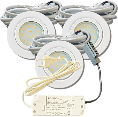 3er Set IP44 LED Möbel-Einbauleuchten 12V flach 2,4W, 200lm, Weiß, inkl. Trafo, 230V Kabel, Netzstecker & AMP Verteiler, Bohrloch 54-60mm, Warmweiß 3000K – Ideal für Bad, Küche, Wohnzimmer, Schränke