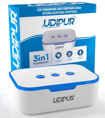 Udipur Multifunktionsstation 3in1 mit UV-Sterilisation Trocknen und Laden für Hörgeräte USB Typ C Temperatur einstellbar bis zu 50°C - 110x90x40mm