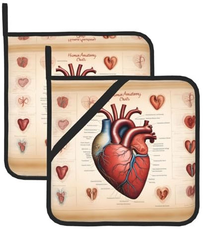 HYTTER Set di 2 presine per la rimozione del coperchio della cucina, spesso, resistente, isolamento antiscottatura, 20,3 x 20,3 cm, immagine a forma di cuore con anatomia umana
