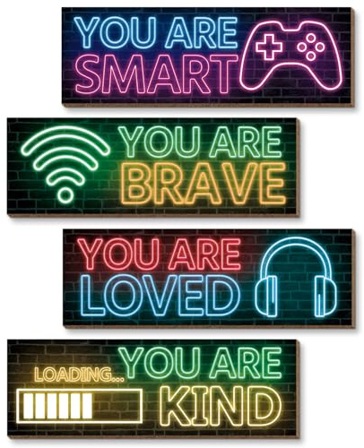 4 Pieces Neon Gaming Wood Sign Wall Decor, Video Game Wall Art Gamer Hanging Plaques For Playroom, Boys, Teenagers, Kids Bedroom Decorations (Neon C)