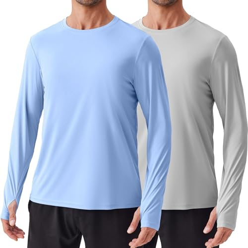 PINSPARK 2-pack Rashguard herr UPF 50+ UV solskydd långärmad tröja utomhus surfing simning löpning, Ljusblå/ljusgrå, XL
