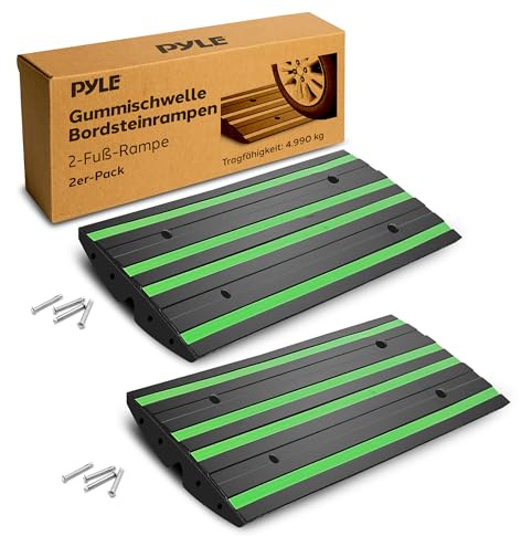 Pyle 2 Ft. Rubber Threshold Curb Ramp Set, Green Reflective Strip for Driveways, Non-Slip Marine Grade Rubber, Pack of 2 Heavy Duty Car Ramps for Trucks, RVs, Forklifts, 24.0’’x 16.0’’ x 2.6’’ Inches