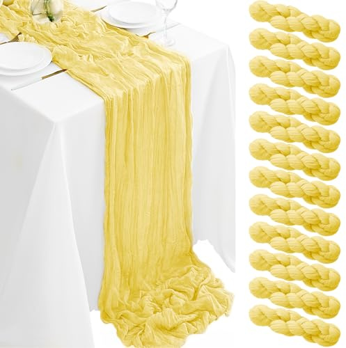 Lot de 12 chemins de table en étamine, 89 x 305 cm, en tissu de gaze de style bohème, rustiques et transparents pour mariage, fête prénatale, fête prénatale, décoration de fête - Jaune clair