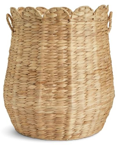 Natural Water Hyacinth Storage Basket, Scalloped Edge Laundry Hamper with Handles