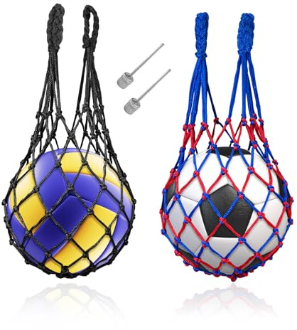 MAJOYLIFE 2 Stück Tragbares Ballnetz Set mit Verschlüsselter Tasche mit 2 Aufblasbaren Nadel für Alle Arten von Bällen/Spielzeug/Familie Lagerung und Outdoor-Aktivitäten (Schwarz-Blau-Rot)
