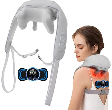 DEIMON Masajeador Cervical y Espalda con Calor – Pack 2 en 1 Shiatsu 4D + Mini Masajeador EMS, 3 Velocidades, Rotación 360°, Inalámbrico, para Casa, Oficina y Coche, Regalo Mujer Hombre