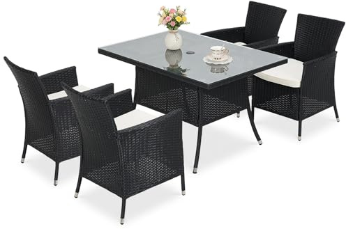 Warmiehomy Rattan Garden Table and Chairs Set 5 Pieces Garden Dining Set 120x80cm Rectangular Patio Table with Parasol Hole Tempered Glass Top and 4 Seater Wicker Armchairs with Seat Cushions, Black