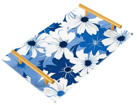 Plateau décoratif pour cafétéria bleu et fleurs avec poignées, plateau de service pour bijoux, parfum pour cuisine, service bandeja pour café bar