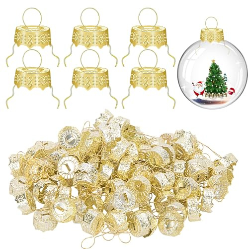 TAXTYHRE Décorations de Noël, 100 Pièces Ornement Topper Caps, Rondes Ornement de Noel Caps Doré, Cintres d'Ornements de Noel, 12 mm, pour Arbre de Noël Maison Décoration de Fête Anniversaire