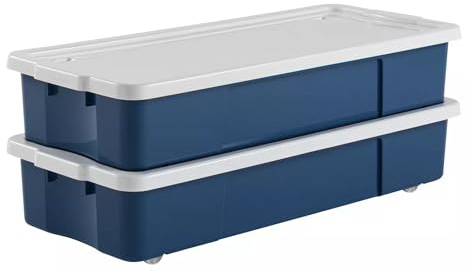 SIDSONS - 2x Blue 47L Rolling Underbed Storage Box - Plastic Container Boxes With White Lid & Wheels - Organizer Under Bed Stackable Bin - Space Saving For Bedroom, Home & Office