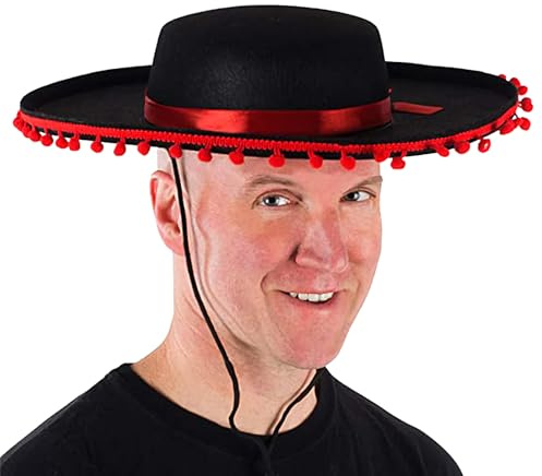 Mexican Hat - 55-60cm Party Hat Wide Brim Costume Accessory Traditional Non-Woven Fabric Pom Poms Decoration | Halloween Birthday Dress for Theme Parties E