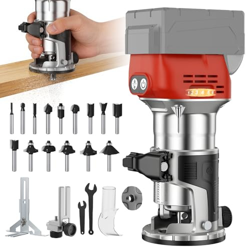 Cordless Router Tool for Mil-waukee 18V Battery, 800W 28000 RPM Brushless Wood Router with 6-Speed Control, Aluminum Base, Depth Adjustment, 15 Router Bits, Palm Router for Woodworking(Tool Only)