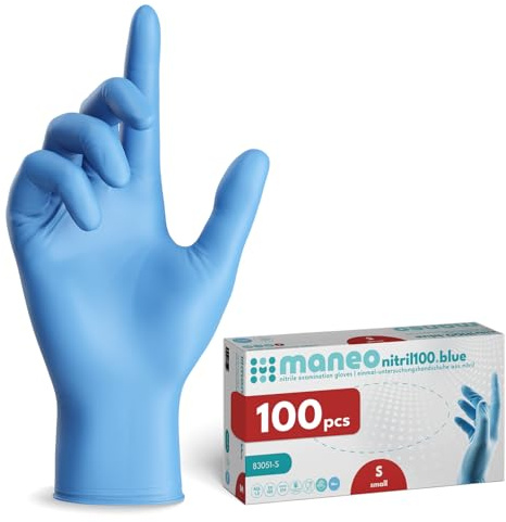 maneo 100x Einweghandschuhe Blau, Nitril Handschuhe puderfrei S | Einmalhandschuhe, Handschuhe Einweg, latexfreie Gummihandschuhe, Nitrilhandschuhe, Putz-, Koch- & Haushalts-Handschuhe