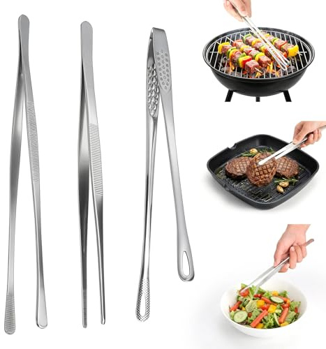 Kökspincett i rostfritt stål, 3 stycken – 30 cm och 28 cm grilltång, kökspincett för matlagning, grillning och servering – perfekt tång för kött, fisk, grönsaker och BBQ