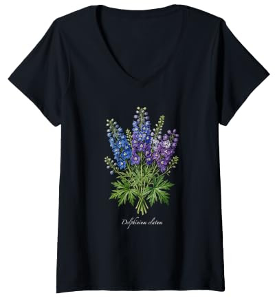 Donna Delphinium pianta Illustrazione Delphinium elatum Maglietta con Collo a V