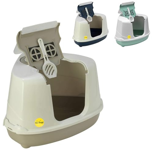 CAT CENTRE Grey Large Corner Hooded Cat Litter Tray +Scoop +Charcoal Filter | Flip door enclosed toilet den, extra deep anti-spillage, detachable hood, easy cleaning, safe for kittens
