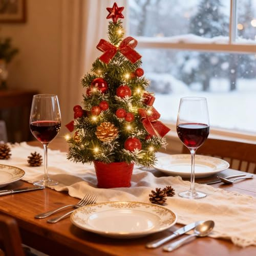 Mrinb 45CM Artificial Mini Christmas Tree with Battery Operated LED Lights, Includes Star, Baubles, Bows, Pine Cones, Tabletop Xmas Decor for Home, Office, Bar(Red)