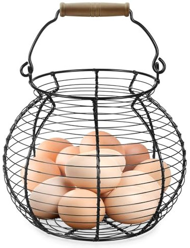 Flexzion Draht Eierkorb mit klassischen Holzgriff für Eier, Vintage-Stil Drahtkorb für Küchen, KitchenCraft Aufbewahrungskorb mit Griff, Gathering Basket, Korb, Speicherkorb, Schwarz