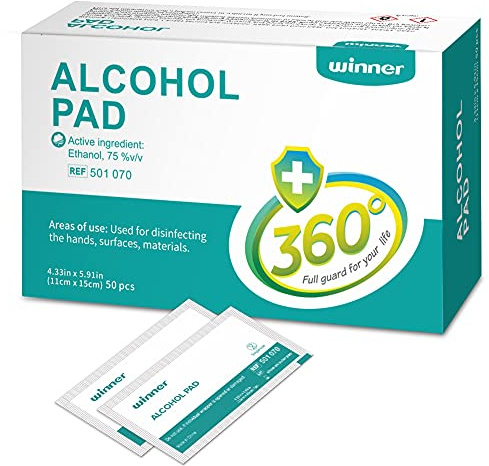 Winner Medical Alcohol Wipes 11cm*15cm, 50 Pcs, 75% Ethanol Hand & Skin Disinfecting Wipes, Individually Wrapped Sterile Alcohol Swabs, 4 Layers of Sterile Alcohol Pre Pads