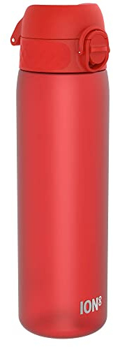 Ion8 Water Bottle, 500 ml/18 oz, Leak Proof, Easy to Open, Secure Lock, Dishwasher Safe, BPA Free, Hygienic Flip Cover, Carry Handle, Fits Cup Holders, Easy Clean, Carbon Neutral, Red