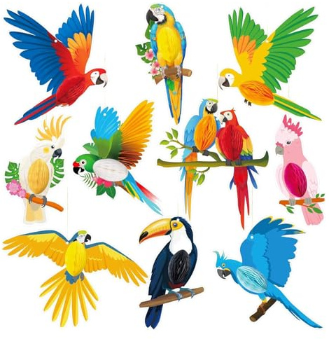 10Pcs Tropical Birds Honeycomb Cutouts Hanging Decorations for Aloha Hawaiian Luau, Tiki Jungle Theme Party Supplies