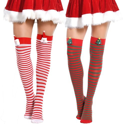Yilanmy Christmas Thigh High Socks Women Striped Knee High Socks Long Over Knee Stockings with Bow for Women Girls (Stripes, Red+Green)
