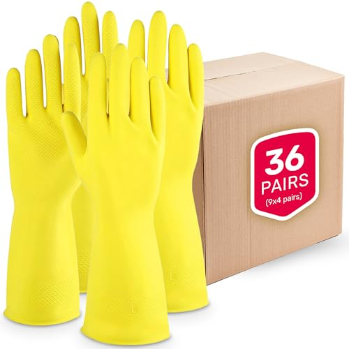 SOL 36 Pairs Bulk Large Household Gloves, Yellow Heavy Duty Rubber Gloves for Cleaning, Non-Slip Grip, Durable Waterproof Design for Kitchen, Bathroom & Dishwashing, Multipurpose & Comfortable To Use