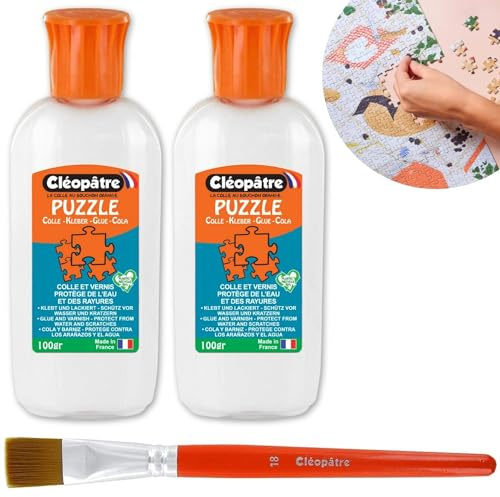 CLEOPATRE - Cléo'Puzzle - Colle Vernis Puzzle avec Embout Précis Transparent – Lot de 2 Flacons de 100g avec Brosse Plate n°18