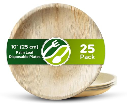 ECO Leaf 25 Disposable Palm Leaf Plates | 10”(25cm) Round Compostable Dinner Plates | Eco-Friendly, Biodegradable Heavy-Duty Plate for Wedding, Party & Picnic |Microwave & Oven Safe