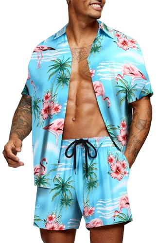 COOFANDY Hawaii-skjorta för män, kortärmad, flamingo, skjorta, blommig sommarskjorta, button down, blommönster, skjorta och shorts, strandskjorta, set, fest, semester, Pat27, M