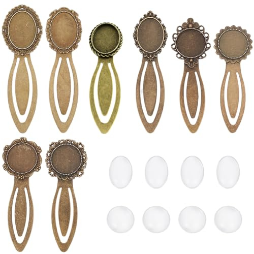 SUNNYCLUE 1 Box 16Pcs DIY 8 Sets Vintage Bookmark Metal Antique Bronze Bookmark Bezel Tray Cabochon Book Marks Making Kit Clear Glass Cabochons Book Mark Blank Bezels for Adults DIY Crafts