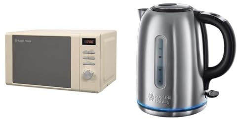 Russell Hobbs RHM2064C 20 Litre 800 W Cream Digital Heritage Microwave with 5 Power Levels & Brushed Stainless Steel Electric 1.7L Cordless Kettle (Quiet & Fast Boil 3KW