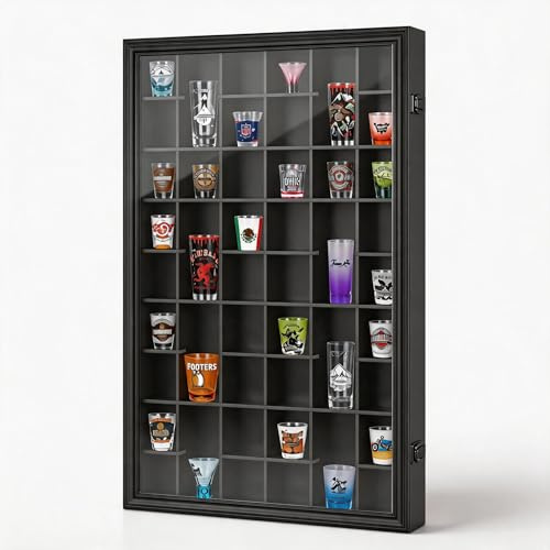 Odjaraye Shot Glass Display Case - 46 Glass Holder, Wall-Mounted, Lockable Cabinet with UV Protection, Black