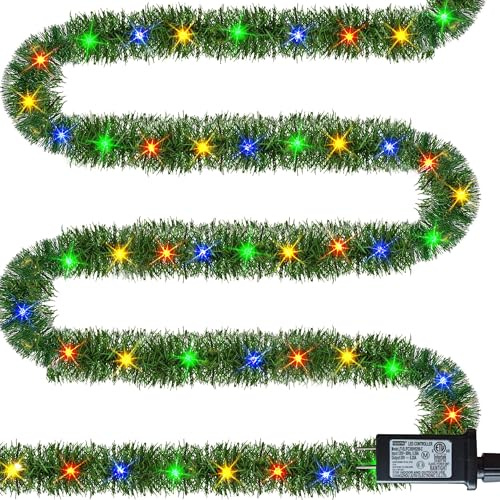 Dazzle Bright 50 FT Pre-lit Christmas Green Garland, 150 LED Lights Lighted Artificial Pine Garlands, for Indoor Outdoor Christmas Decor Holiday Wedding Decoration (Multicolor)